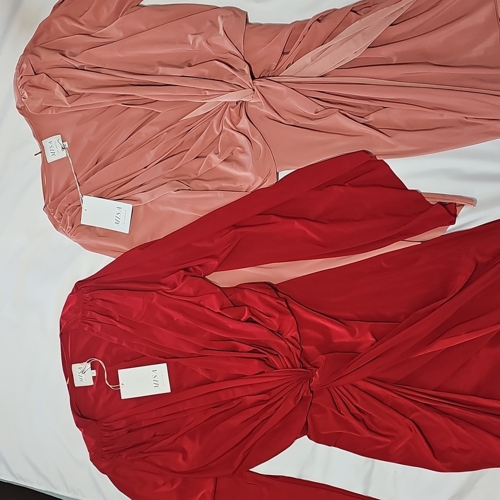 Misa Los Angeles Red Jersey Plunge Neck Coctail Midi Dress Small.